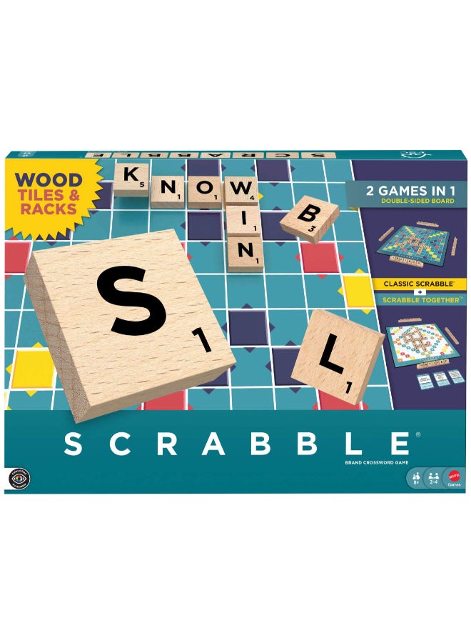 ماتيل جيمز Scrabble Board Game, Classic Family Word Fun, featuring Wooden Letter Tiles and Racks, with Two Ways to Play for 2-4 Players - Image 1